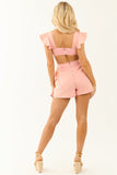 Flying Tomato Coral Acid Wash Ruffle Denim Romper